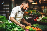 Professional male chef chopping fresh vegetables