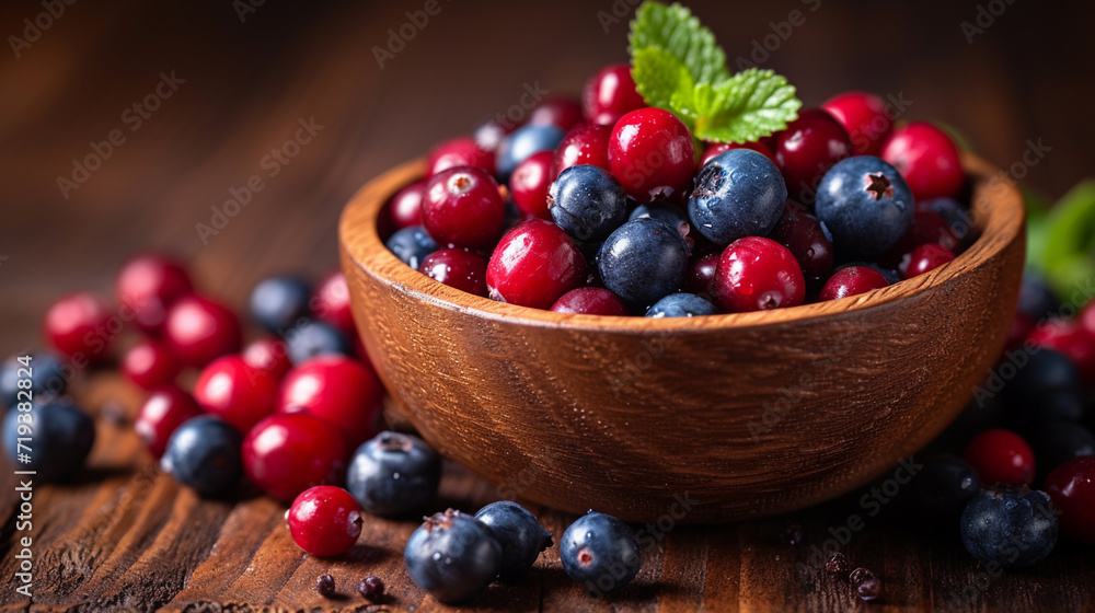 cranberries and blueberries in a wooden bowl cranberries and blueberries in a wooden bowl