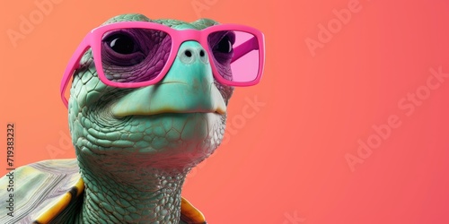 Turtle in pink sunglasses against a coral backdrop.