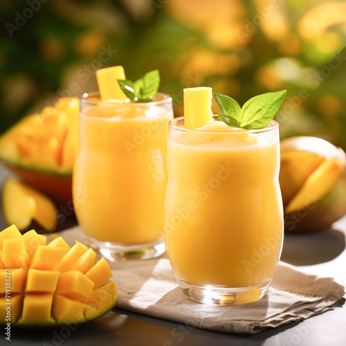 fresh mango juice in the glass with mango