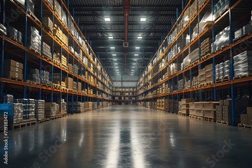 Photo of large warehouse or sorting center with many racks of packaged goods. There are stands on both sides and there are no people in the photo. © CozyDigital