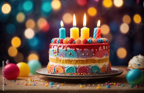 Colorful birthday cake with candles, creamy cake