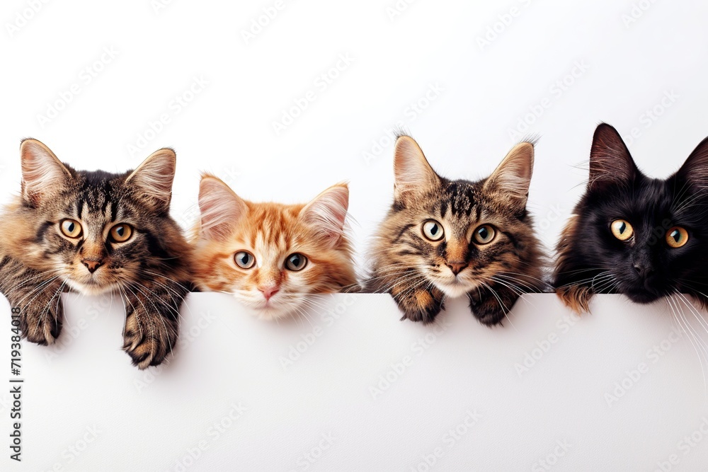 Group of different cats peeking out of blank banner