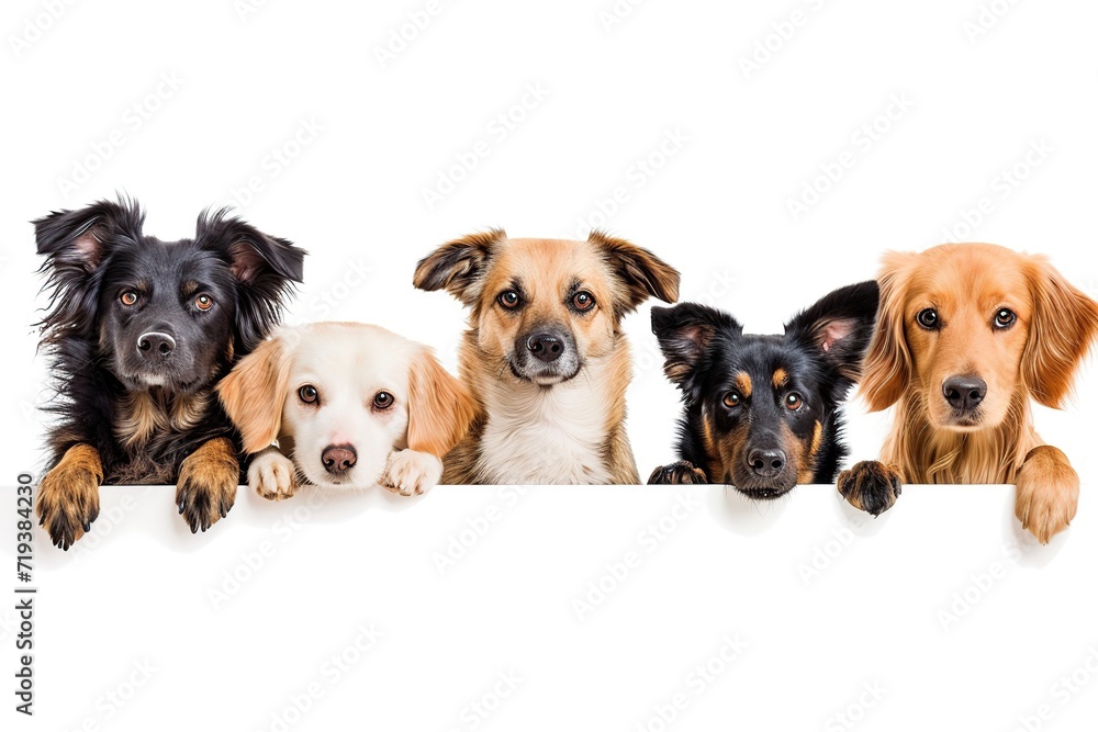 Group of different dogs peeking out of blank banner Group of different dogs peeking out of blank banner