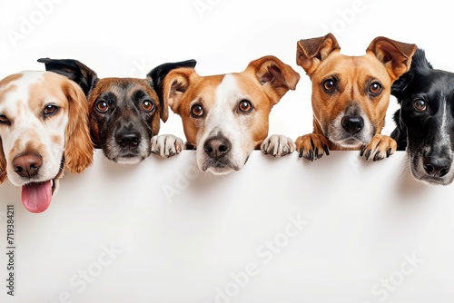 Group of different dogs peeking out of blank banner © Alina
