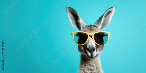 Kangaroo with yellow sunglasses against a blue backdrop