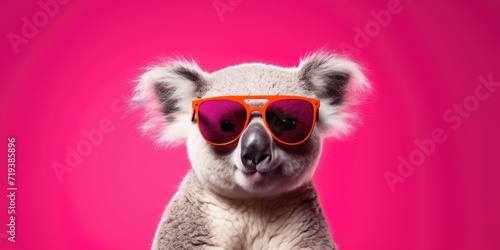 Koala with trendy sunglasses on pink background. © AdriFerrer