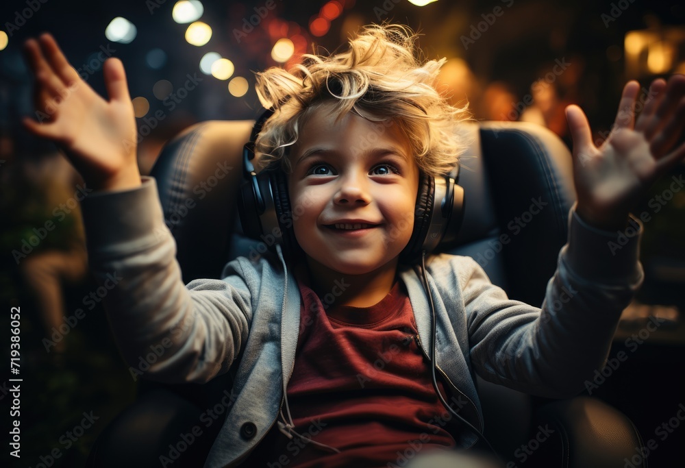 A young boy's beaming smile radiates pure joy as he triumphantly lifts his hands while wearing headphones outdoors, encapsulating the perfect blend of human expression and personal style
