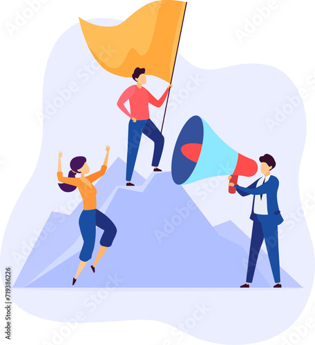 Leader with flag on mountain peak guiding team, man with megaphone announces victory. Celebration of success with energetic team members, woman cheerfully jumps in excitement. Business team achieves