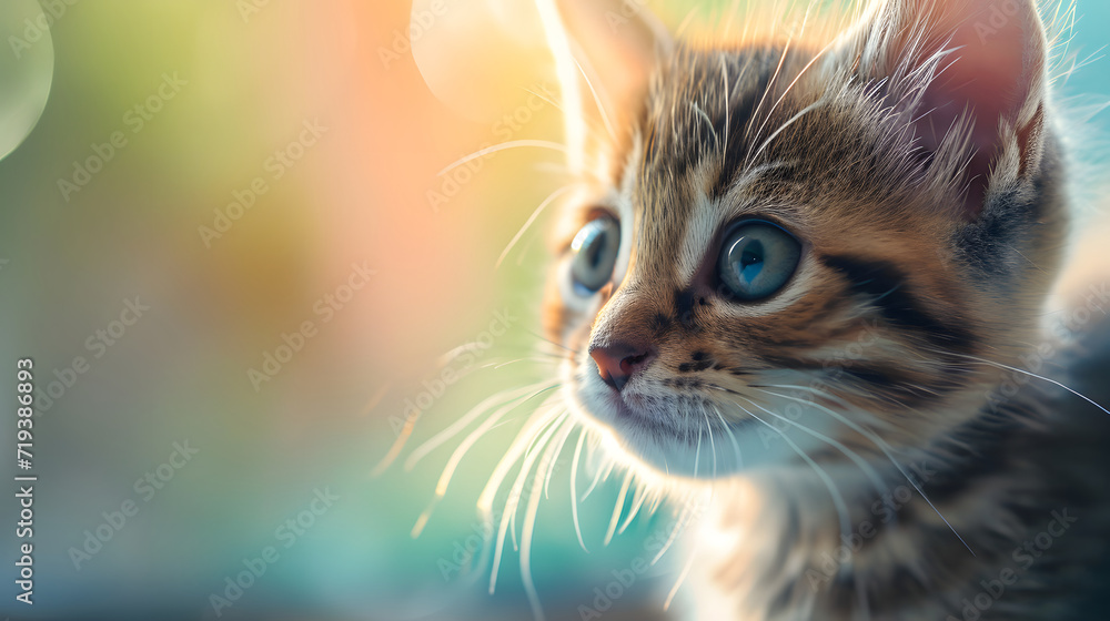 Obraz premium Close up domestic Cat on blurred background Looking away, kitten, copy space. Background wallpaper. 