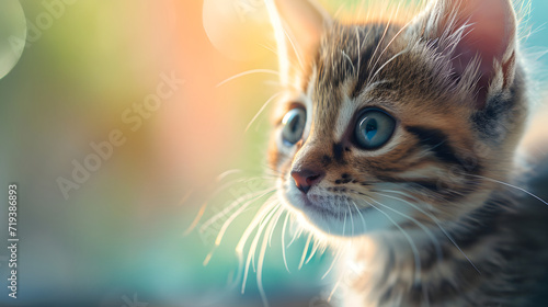 Close up domestic Cat on blurred background Looking away, kitten, copy space. Background wallpaper. 