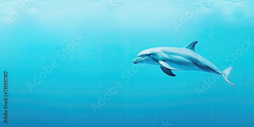 Dolphin swimming underwater in clear blue sea.