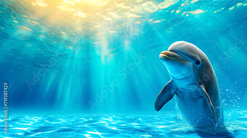 A dolphin swimming in the ocean with sunlight streaming through the water