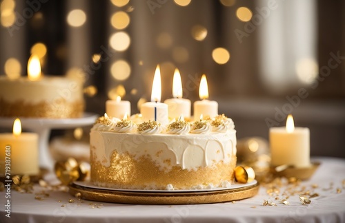 Cake with candles, birthday cake, wedding cake, white and gold