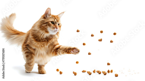 A happy, bouncing cat plays with dry cat food that falls on a white background. The concept of healthy food for cats. photo