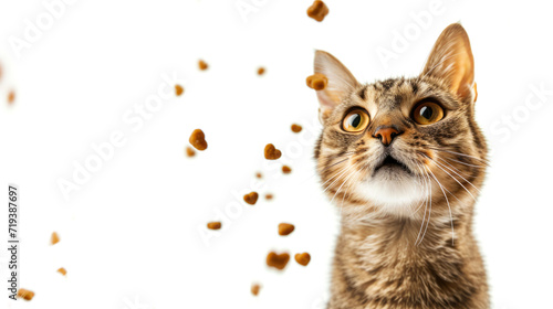 A funny cat with beautiful big eyes looks at dry cat food that is falling (flying) on a white background. The concept of healthy food for cats.
