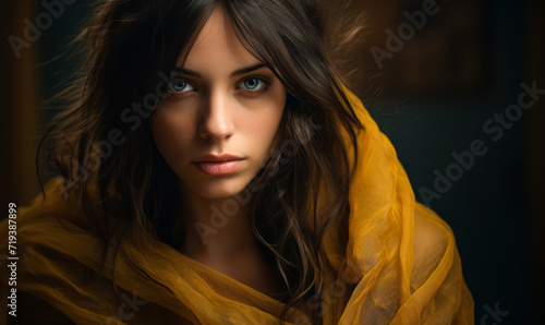 Mysterious woman with piercing gaze, draped in golden shawl, embodying enigmatic allure with her dark hair and intense, captivating eyes