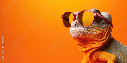 Iguana with sunglasses on orange background.