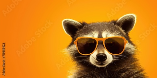 A raccoon with orange sunglasses, vibrant orange background.