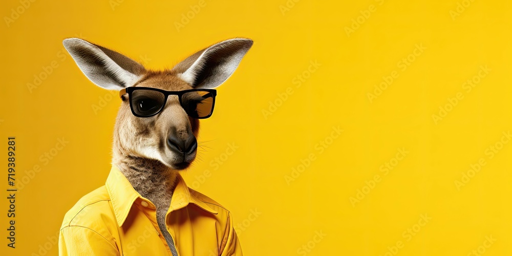 Kangaroo with black sunglasses on a yellow background. - obrazy, fototapety, plakaty 
