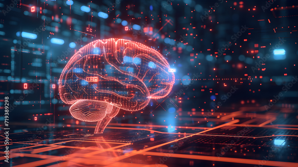 Illustration of brain surrounded by dots of neon light, demonstrating the activity of Illustration of brain surrounded by dots of neon light, demonstrating the activity of