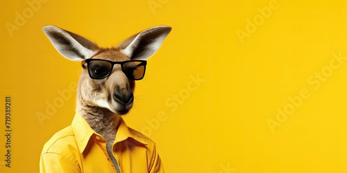 Kangaroo with black sunglasses on a yellow background.