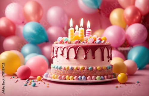Birthday cake decorated with colorful sweets, balloons on a pink background