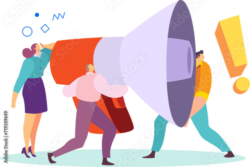 Two cartoon people carrying a giant megaphone together, teamwork concept in bold colors. Marketing team working on a loud announcement, collaboration in advertising project.