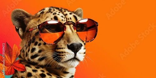 Cheetah with red sunglasses on an orange background.