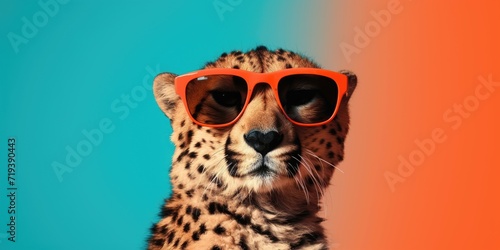 Cheetah with red sunglasses on a two-tone background.