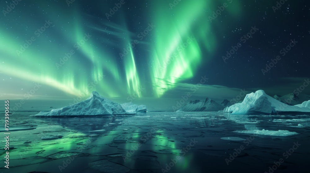 The aurora lights shine brightly in the night sky over an ice floese and icebergs in the ocean, northern lights The aurora lights shine brightly in the night sky over an ice floese and icebergs in the ocean, northern lights