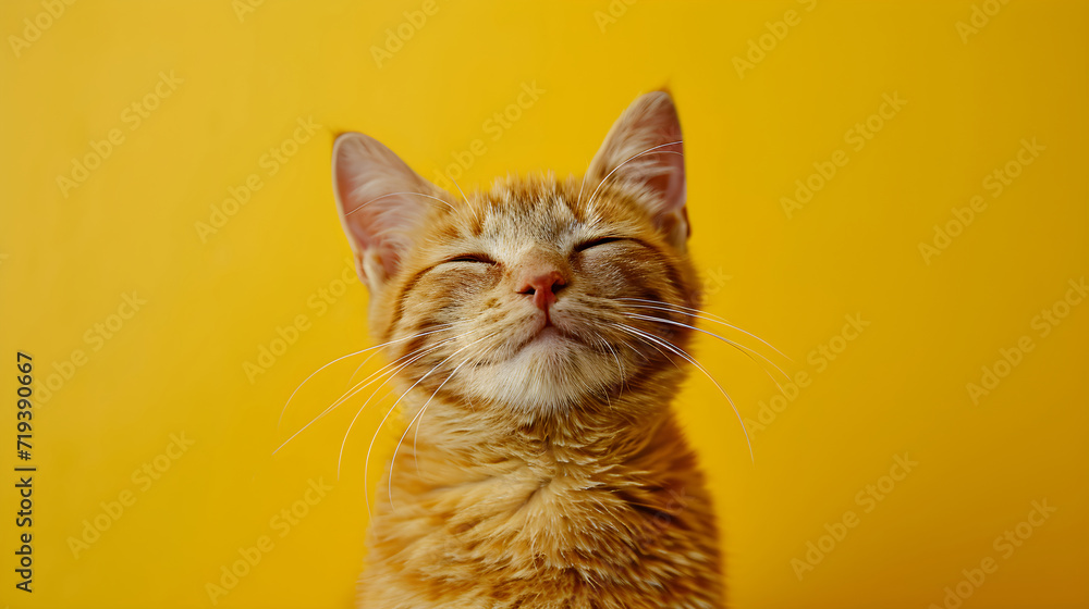 Tabby cat isolated on yellow background with copy space. Close up portrait of ginger striped homeless street cat. Banner for pet shop. Pet care and animals concept for ads, poster, print, card Tabby cat isolated on yellow background with copy space. Close up portrait of ginger striped homeless street cat. Banner for pet shop. Pet care and animals concept for ads, poster, print, card