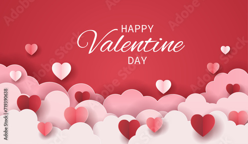 happy valentines day with hearts and clouds paper craft on pink background. love for happy  valentine's day greeting card. copy space for text.