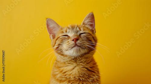 Tabby cat isolated on yellow background with copy space. Close up portrait of ginger striped homeless street cat. Banner for pet shop. Pet care and animals concept for ads, poster, print, card