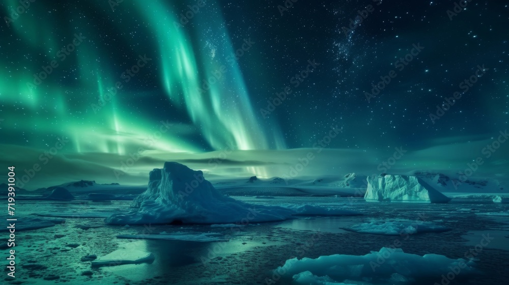 Naklejka premium The aurora lights shine brightly in the night sky over an ice floese and icebergs in the ocean, northern lights