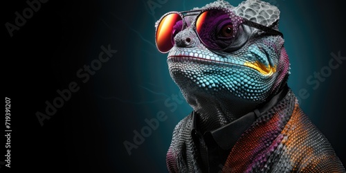 Chameleon with red sunglasses on a dark background.