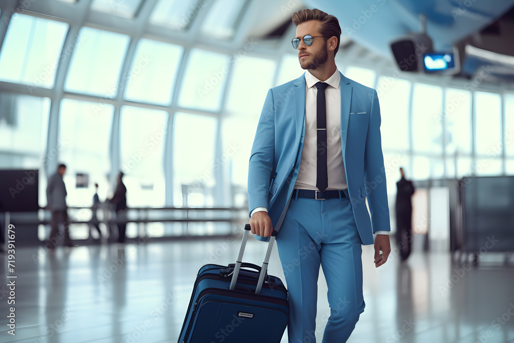 Successful middle-aged businessman in blue suit walks with suitcase through the airport building Successful middle-aged businessman in blue suit walks with suitcase through the airport building