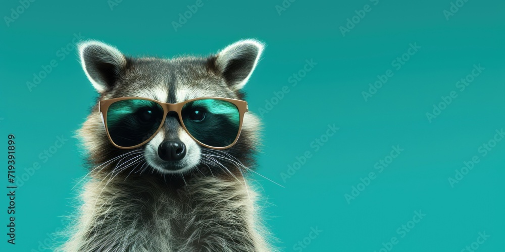 Fototapeta premium Raccoon with brown sunglasses on teal background.