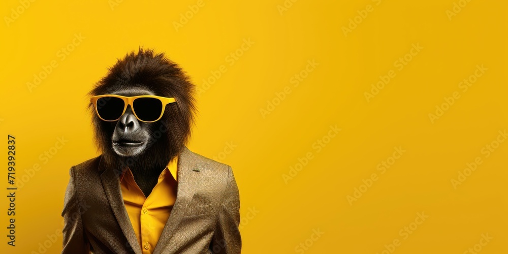 Baboon in suit and yellow sunglasses, yellow background. Baboon in suit and yellow sunglasses, yellow background.