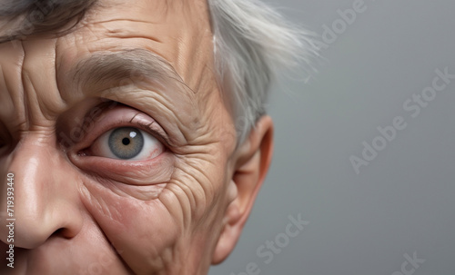 old man with inflamed eyes, conjunctivitis and insomnia suffers from sore eyes. photo