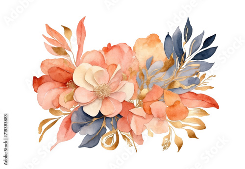 Fototapeta Naklejka Na Ścianę i Meble -  Abstract watercolor flower in terracotta, blue and orange color AI generated