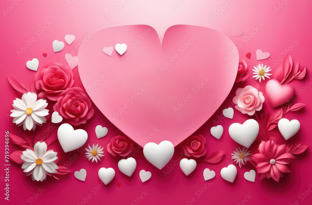 On a pink background there is pink paper in the shape of a heart with a floral arrangement at the bottom, 3D white hearts and space for copying in the center. Concept template, mother's birthday, fath