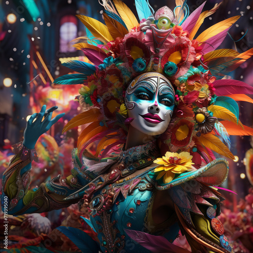 Vibrant Carnival: Masks, colors and Magic. Image produced by artificial intelligence.