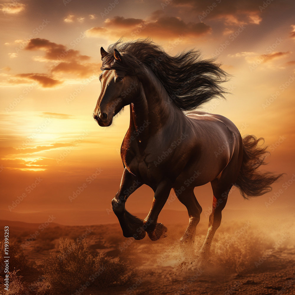 Majestic horse galloping through the fields. Image made by artificial intelligence. Majestic horse galloping through the fields. Image made by artificial intelligence.