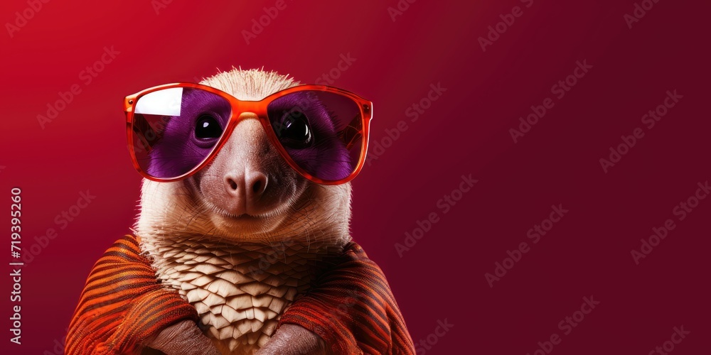 Obraz premium Pangolin with vibrant sunglasses and striped attire on a red background.