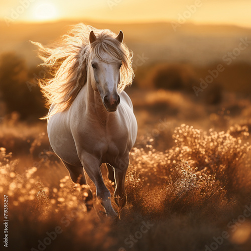 Majestic horse galloping through the fields. Image made by artificial intelligence. 
