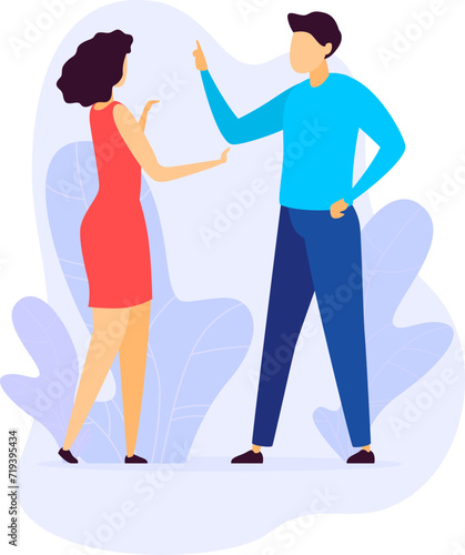 Young adult woman in red dress arguing with man in blue shirt, disagreement concept. Animated couple having heated discussion, communication issues illustration.