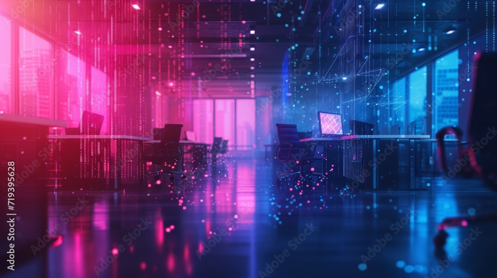 Modern neon cyan and magenta cyberpunk open space office interior blurred with information technology overlay. Corporate strategy for finance, cybersecurity. Tables with computers for work