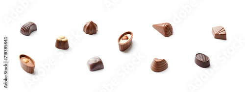 Set of praline chocolates on a white background, assorted sweets
