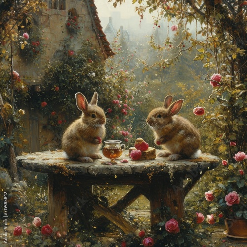 Two cute bunnies drinking tea in the garden. Generate AI